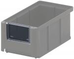 Preview: The image shows a rectangular, gray plastic box with an open top edge. On the front, there is a small, black labeling area. The box has straight edges and is sturdy.