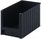Preview: The image displays a rectangular, black plastic container without a lid. It features smooth sides with vertical grooves and an open top, suitable for storing or transporting items.