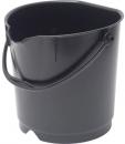 Preview: The bucket is made of black plastic, has a square base shape, and a straight wall. It has a handle on the side and a slightly beveled opening at the top edge.