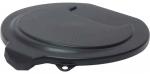Preview: The image shows a round, black lid with a smooth surface and a side recess. It has a small handle or loop on the side.