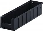 Preview: It is a long, rectangular container made of black plastic. The walls are slightly wavy and there is an opening on one side. The container does not have a lid.