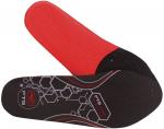 Preview: The image shows two shoe soles. One sole is red with a smooth surface, the other is black with a textured, perforated pattern and graphic elements.