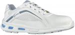 Preview: The shoe is a sporty, white half-shoe with blue accents. It has a breathable surface and a cushioned sole for comfort. The laces are clearly visible.