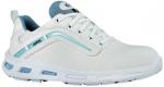 Preview: The shoe is a light, white sports shoe with blue accents. It has a round toe, laces, and a padded sole that provides good grip.