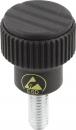 Preview: It is a black adjustment knob with a ribbed surface and a golden ESD symbol. The knob is round on top and has a metal thread at the bottom.