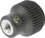 Preview: The image displays a round, black-gray ESD button with a ridged surface. In the center, there is a thread. A yellow symbol with the inscription 