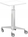 Preview: The image shows an adjustable rolling table with a square, white tabletop. It has a sturdy, silver frame and four movable casters for easy mobility.