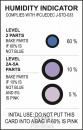 Preview: Das Bild zeigt einen Feuchtigkeitsindikator mit drei runden Symbolen in verschiedenen Farben (blau, lila, schwarz) und Prozentangaben. Hinweise zur Handhabung und Bäketemperaturen sind darunter.
