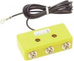 Preview: The image shows a yellow rectangular device with three round ports on the front. A black cable with a small ring terminal is attached to it.