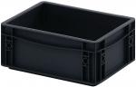 Preview: The image shows a rectangular black plastic box. It has a smooth surface, high walls, and no lid. There are recessed areas at the corners for a better grip.