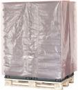 Preview: The image shows a wooden pallet covered with a transparent plastic wrap. The contents are not visible, as the film is tightly wrapped around the pallet.