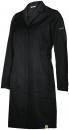 Preview: The image shows a black lab coat. It has a classic collar, long sleeves, and a straight fit. There are two large pockets on the front. The coat appears functional and professional.