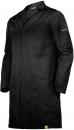 Preview: The picture shows a long, black lab coat with literally cut sleeves, collar, and two side pockets. On the left sleeve, there is the logo 