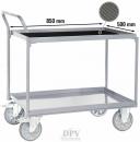Preview: The image shows a sturdy serving cart with two shelves. The cart has a silver metal frame and is equipped with large, mobile wheels.