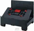 Preview: The image shows a black, stackable box with a foldable lid. The lid has red clasps and a textured surface. The box is open, providing access to the interior.