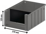 Preview: The image shows a gray, rectangular plastic box. It measures 219 mm in width and 129 mm in height. The walls are tall, with an open front.