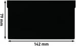 Preview: Das Bild zeigt ein schwarzes Blatt Papier oder einen Karton mit den Maßen 142 mm Breite und 79 mm Höhe. Die Kanten sind gerade, und es gibt eine leicht eingekerbte Ecke.