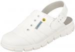 Preview: The shoe is an open, white clog with a strap on the back, a smooth surface, and several ventilation holes. The sole is thick and non-slip.