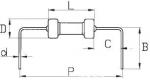 Preview: Das Bild zeigt eine technische Zeichnung eines Bauteils mit einer zylindrischen Mitte, umgeben von zwei abgehenden Drähten. Es sind Maße für verschiedene Teile angegeben: L, C, B, D, d und P.