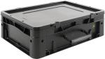Preview: The box is rectangular, flat, and made of black plastic. It has a sturdy lid, side handles, and is suitable for safely storing or transporting items.
