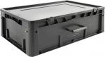 Preview: It is a rectangular, black plastic box with a flat, tightly sealing lid. There are handles on the side for carrying. The box appears stable and robust.