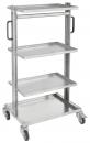 Preview: The image displays a silver serving cart with four flat shelves and two handles. It has wheels for easy movement. The cart is made of metal.