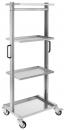 Preview: The image shows a sturdy, silver serving cart with four shelves and handles. It stands on four casters, which allow for easy movement. The cart has an open design.