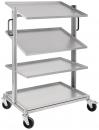 Preview: A silver serving cart with four tiers. Each tier has a flat, rectangular tray. The cart has two side handles and four swivel casters for easy transport.