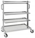 Preview: The image shows a silver serving cart with four shelves. It has two handlebars and four wheels for easy movement. The shelves are flat and made of metal.