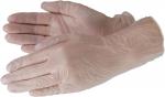 Preview: The image shows a pair of protective disposable gloves made of latex-like material. They are light beige and lie flat on a surface, with visible creasing.