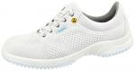 Preview: The shoe is lightweight and sporty, primarily in white with a mesh material. It has a bright, non-slip sole and six eyelets for laces. A blue accent is visible.