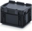 Preview: The image shows a black, square plastic box. It has a flat lid, two clasps on the front, and textured sides for stability.