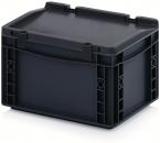 Preview: It is a black plastic box with a flat lid. The box has side handles and two clasps on the top that secure the lid. It is rectangular and sturdy.