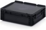 Preview: The image shows a square, black plastic box with a flat lid. Handles and connection points are visible on the sides. The box has rounded corners and is sturdy.