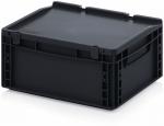 Preview: The image shows a black, rectangular plastic box with a flat lid. It has side handles and is sturdily constructed, ideal for storage or transportation.