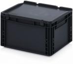 Preview: The image displays a black, rectangular plastic box with a flat lid. It has side handles and a sturdy, clear shape, ideal for storing items.