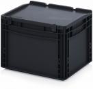 Preview: In the picture is a black, square plastic box with a flat lid. It has side walls with engraved patterns and handles on the sides for carrying.
