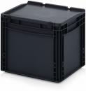 Preview: This is a square, black plastic box with a flat lid. The edges are slightly rounded, and the top has two small handles. It appears sturdy and functional.