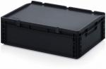 Preview: The image shows a rectangular, flat box made of black plastic with a simple, smooth lid. There are practical handles on the sides for carrying.