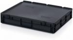 Preview: The image shows a square, flat plastic box in black. It has sturdy side walls and is slightly angled, ideal for stacking or transporting items.