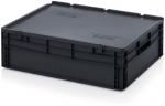 Preview: The image displays a rectangular, black plastic box with a flat, sturdy lid. The sides are smooth, featuring air intake holes and a robust design suitable for stacking.