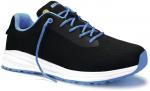Preview: The shoe is black with blue accents. It has a smooth mesh surface, flat laces, and a white, slightly textured sole that offers comfort and flexibility.