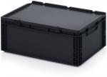 Preview: The image shows a black, rectangular plastic box with a flat lid. The box has side handles and a sturdy, robust structure. It is suitable for storage.