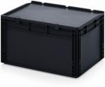 Preview: The image shows a black plastic box. It has a rectangular shape with sturdy side walls and a flat lid. The box appears robust and has side handles.
