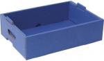 Preview: The image shows a rectangular, flat box made of sturdy cardboard, in a bold blue. It has short side walls and two lateral handles for carrying.
