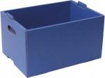 Preview: The image shows a rectangular, blue cardboard storage box. It has two side grip holes and is open at the top for easy placement of items.