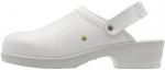 Preview: The image shows a white clog with a closed toe area and an adjustable strap at the heel. The sole is slightly elevated and has a grippy pattern.