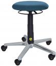 Preview: The chair has a round, blue seat and an adjustable height. It stands on a stable base with five casters, ideal for flexible movement. The base is made of metal and is black.