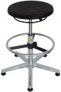Preview: The chair has a round, black seat with a textured surface. It stands on a chrome-plated base with five legs and has a round foot ring. Height adjustable.