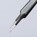 Preview: Das Bild zeigt eine feine Pinzette mit zwei schmalen, spitzen Zangen. Sie hat einen schwarzen Griff und glänzende, metallische Spitzen. Die Pinzette wirkt präzise und geeignet für feine Arbeiten.